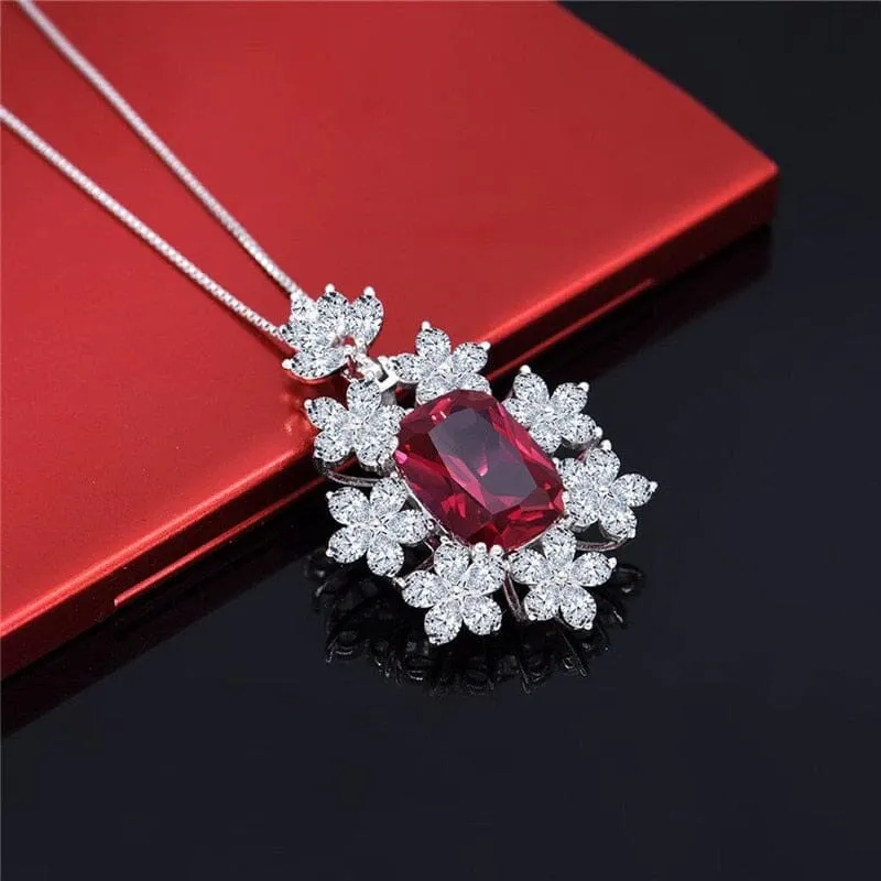 Flower Shape Square Cut Ruby Pendant Necklace