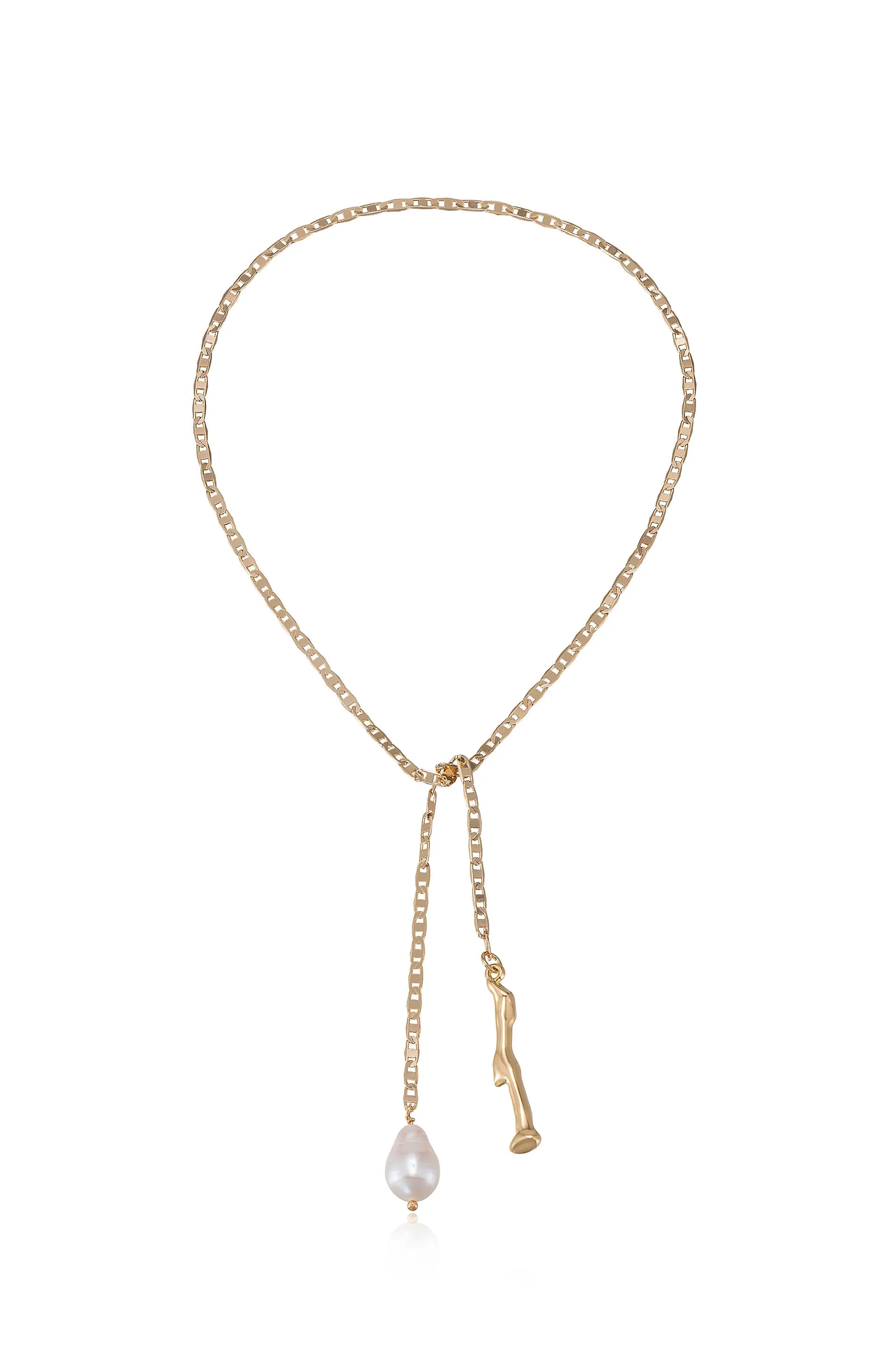 Freshwater Pearl and Liquid Gold Bolo 18k Gold Plated Chain Lariat Necklace