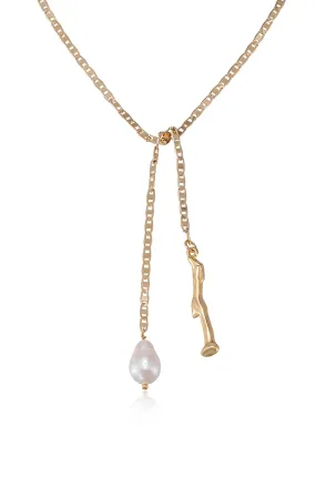 Freshwater Pearl and Liquid Gold Bolo 18k Gold Plated Chain Lariat Necklace