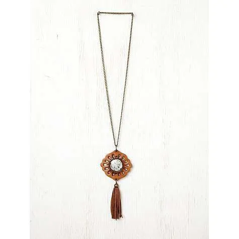 Genuine Leather Boho Tassel Necklace Brown Vegetable Dyed Flower Child Cutout Medallion With Kiwi Stone Center And Antiqued Brass Long Chain By Karen Kell