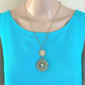 Gold Filigree Floral Crystal Pendant Necklace