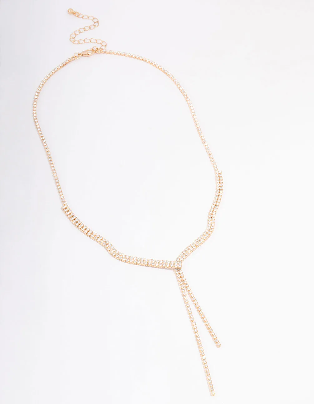 Gold Fine Ribbon Cubic Zirconia Lariat Necklace