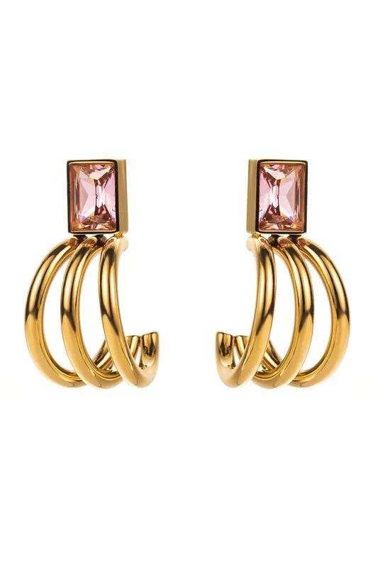 Elegant Gold-Plated Hoop Earrings with Pink Zirconia in Claw Setting