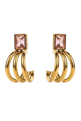 Elegant Gold-Plated Hoop Earrings with Pink Zirconia in Claw Setting