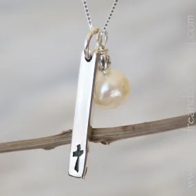 Grace Cross and Pearl Bar Necklace in Silver