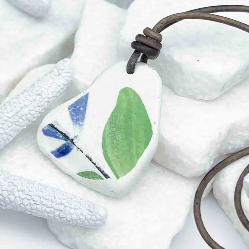 Hand-Made Green and Cobalt Sea Pottery Shard Leather Necklace | #5090