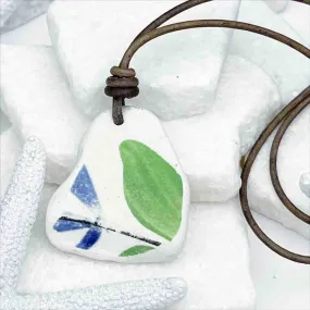 Hand-Made Green and Cobalt Sea Pottery Shard Leather Necklace | #5090