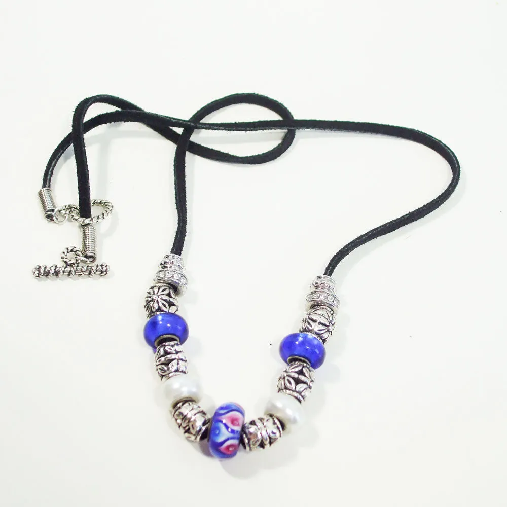 Heltu, Silver Beaded Black Leather Necklace