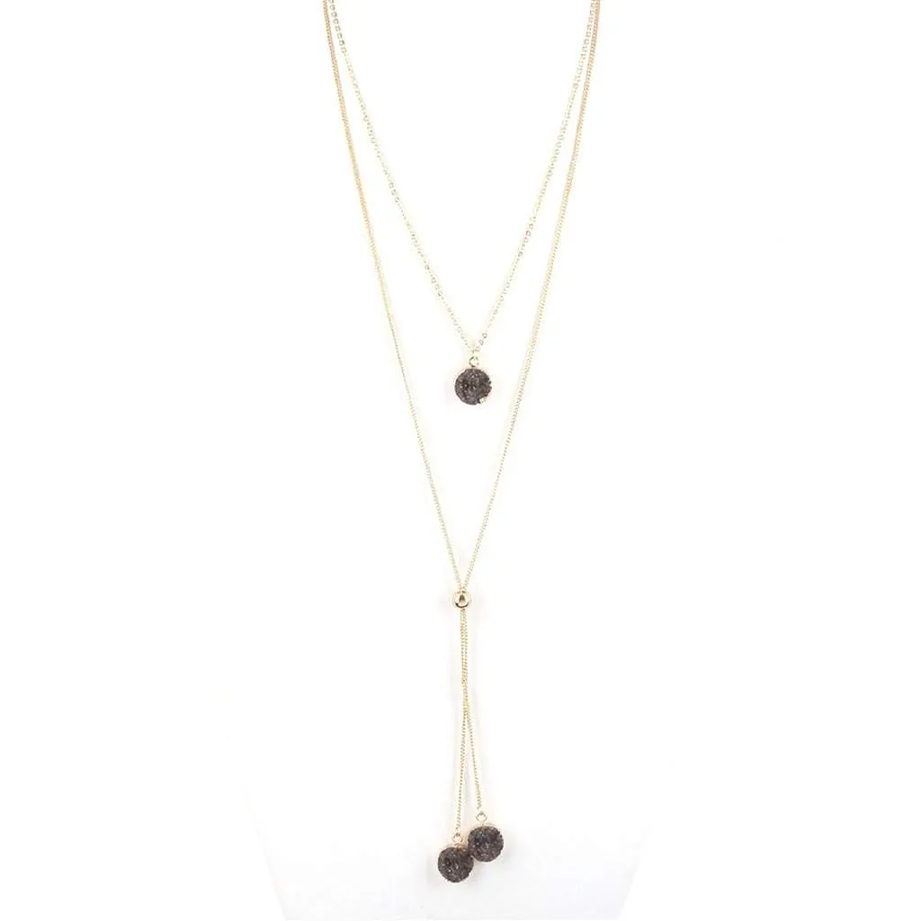 Hematite Druzy Drop Long Layered Lariat Necklace