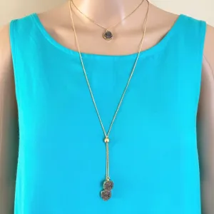 Hematite Druzy Drop Long Layered Lariat Necklace