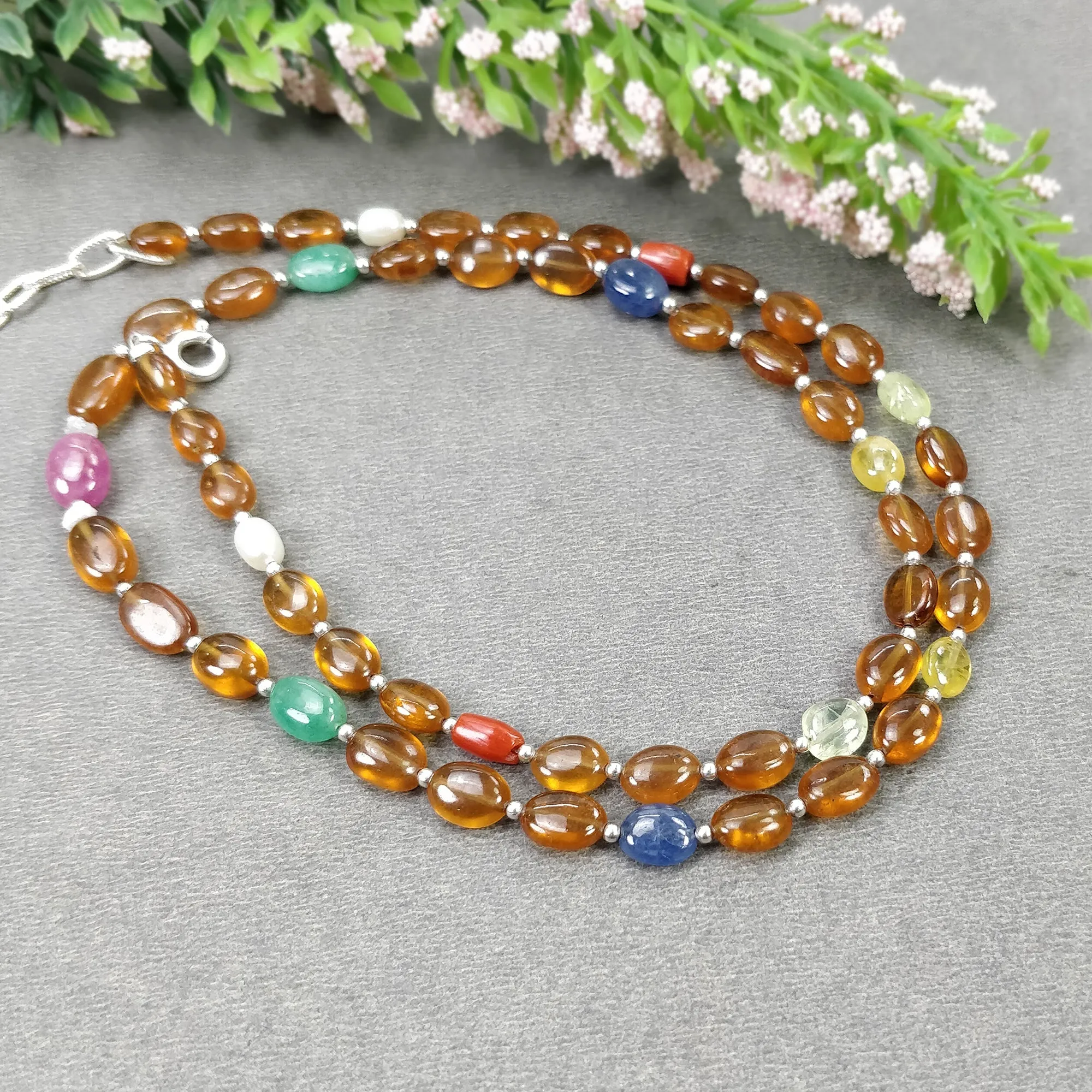 Hessonite Garnet Blue Yellow Sapphire Coral Diamond Emerald Cat's Eye Ruby Pearl Nav Ratan Necklace: 16.53gms Natural 9*7mm 18"