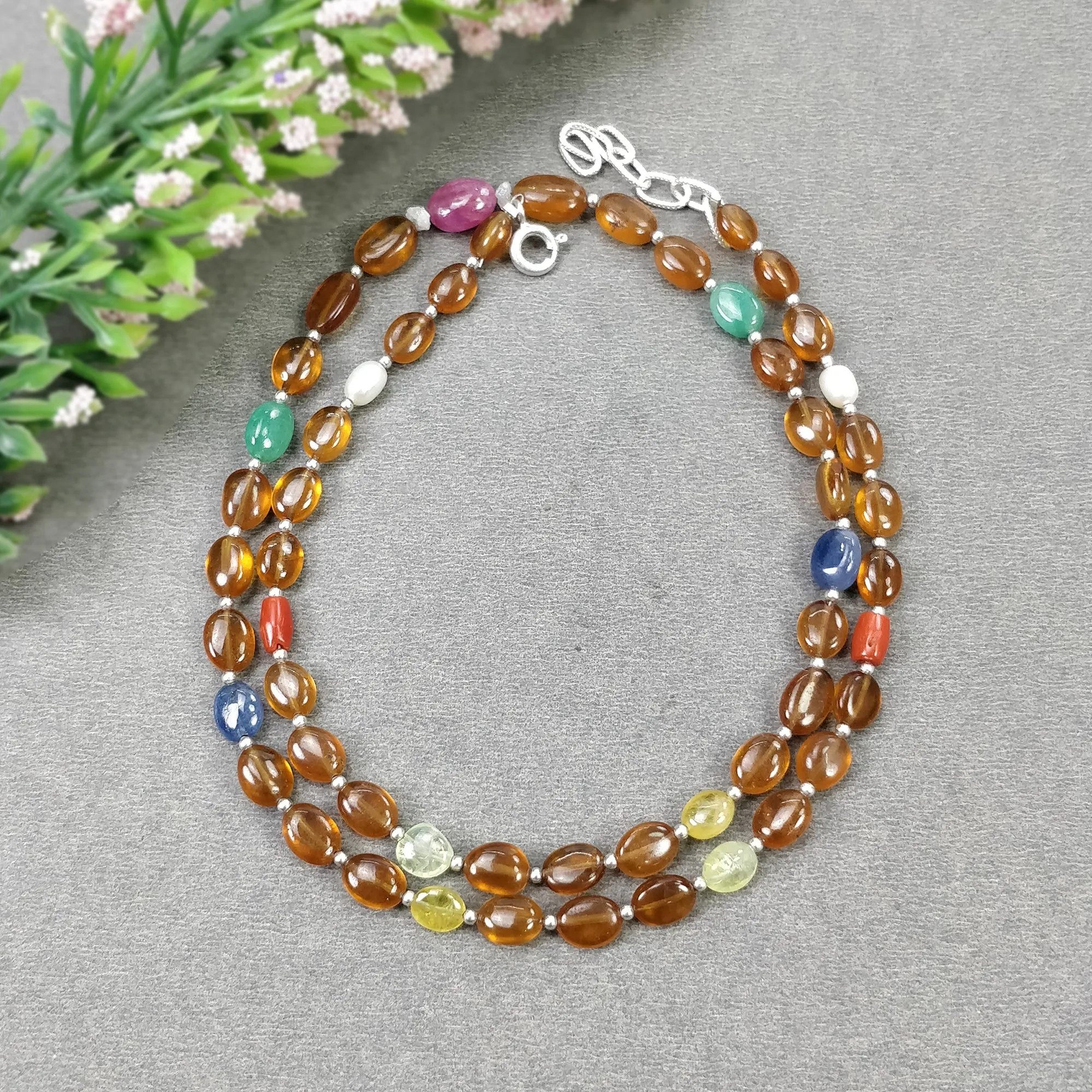 Hessonite Garnet Blue Yellow Sapphire Coral Diamond Emerald Cat's Eye Ruby Pearl Nav Ratan Necklace: 16.53gms Natural 9*7mm 18"