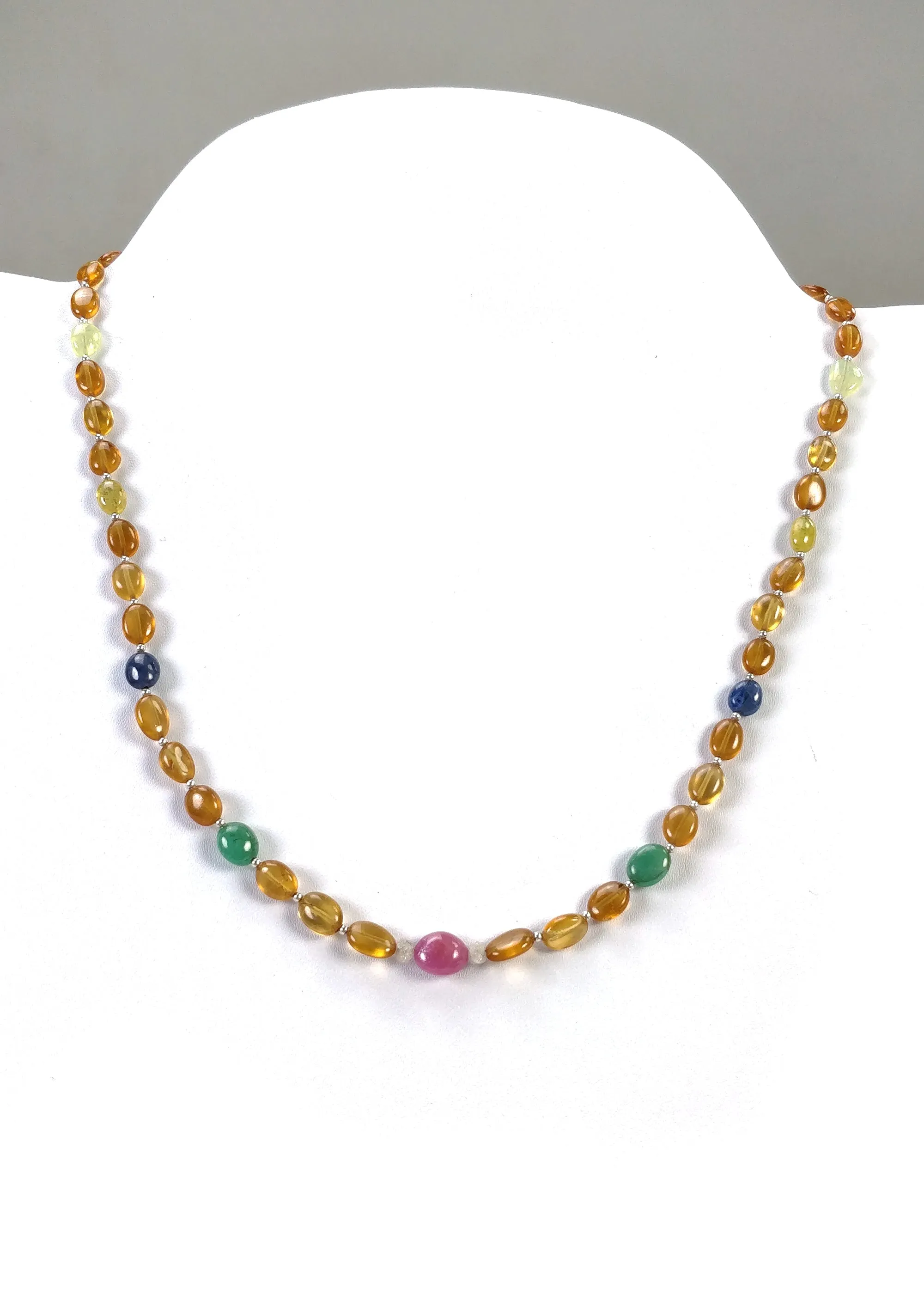 Hessonite Garnet Blue Yellow Sapphire Coral Diamond Emerald Cat's Eye Ruby Pearl Nav Ratan Necklace: 16.53gms Natural 9*7mm 18"