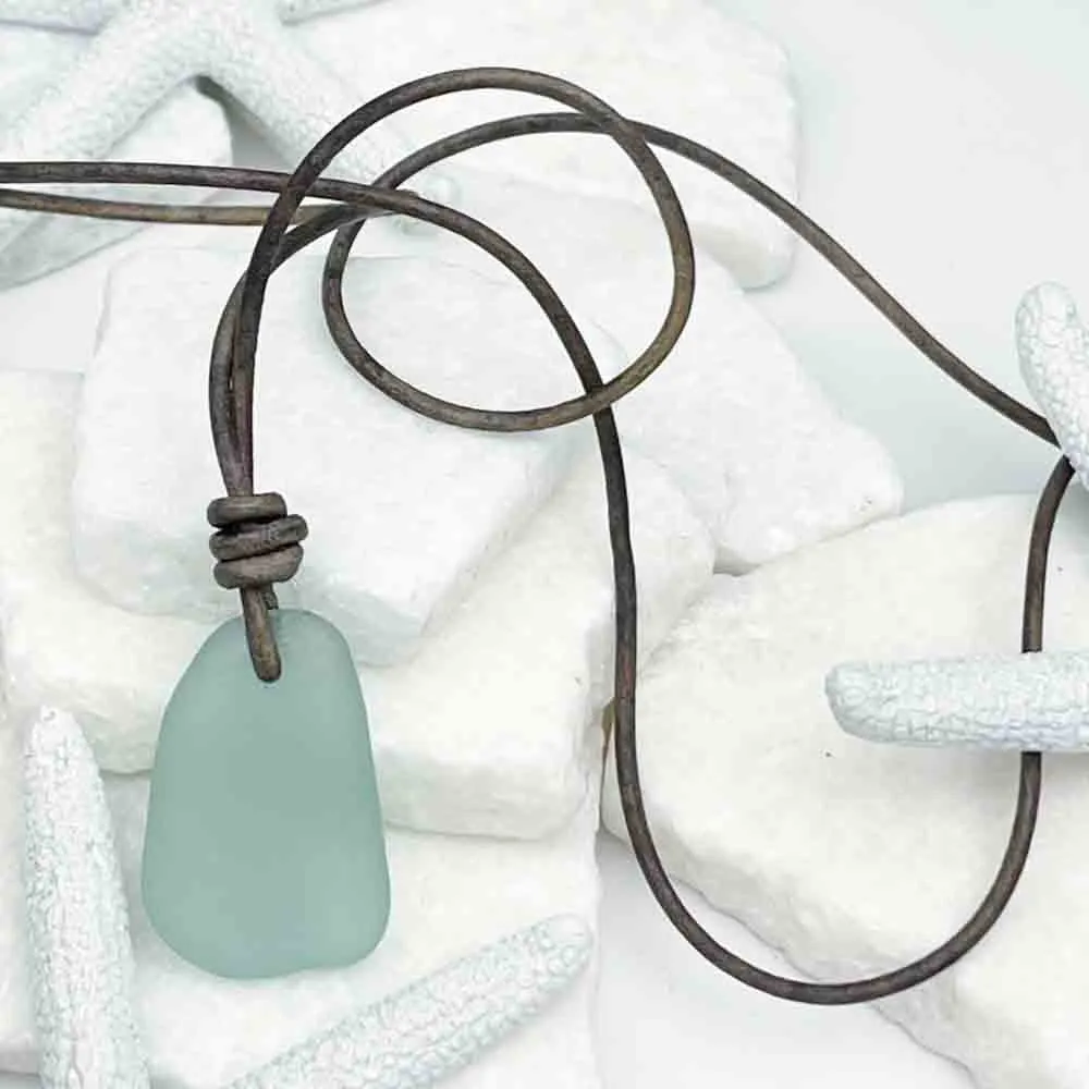 High-Tide Aqua Sea Glass Leather Necklace | #5020