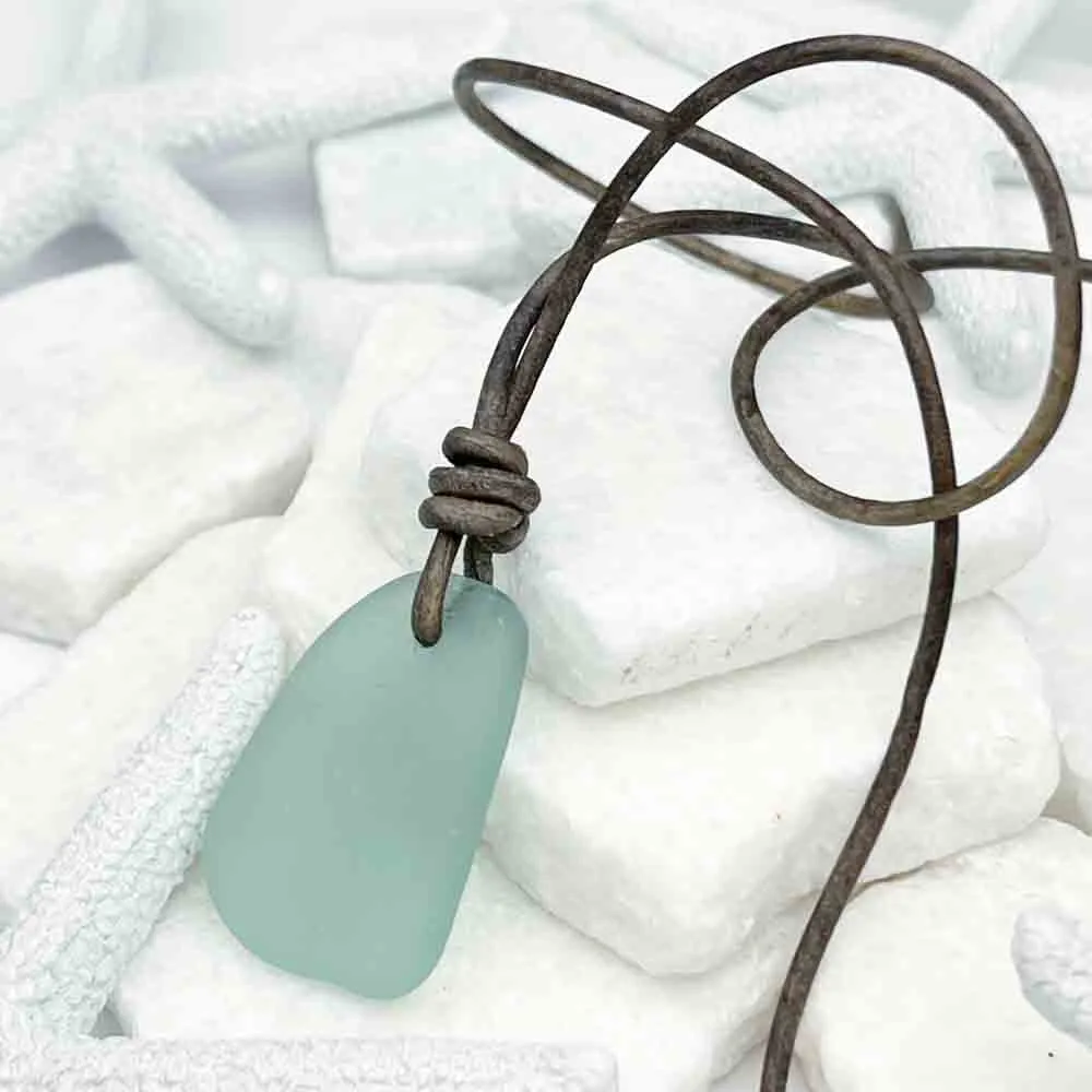 High-Tide Aqua Sea Glass Leather Necklace | #5020