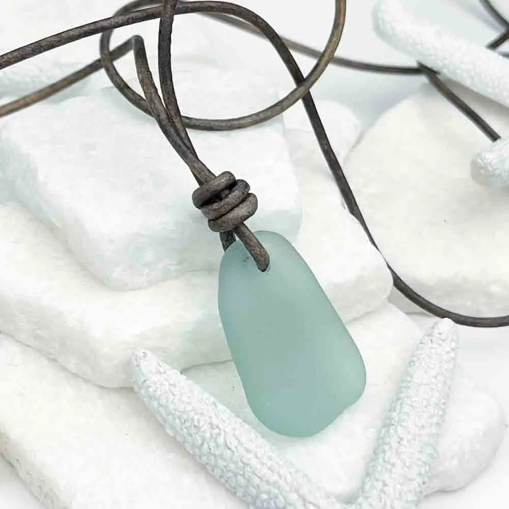 High-Tide Aqua Sea Glass Leather Necklace | #5020