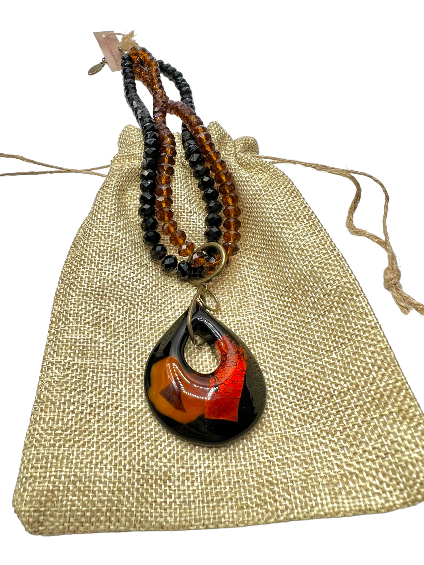 Italian Amber and Black Murano Glass Teardrop Pendant Necklace