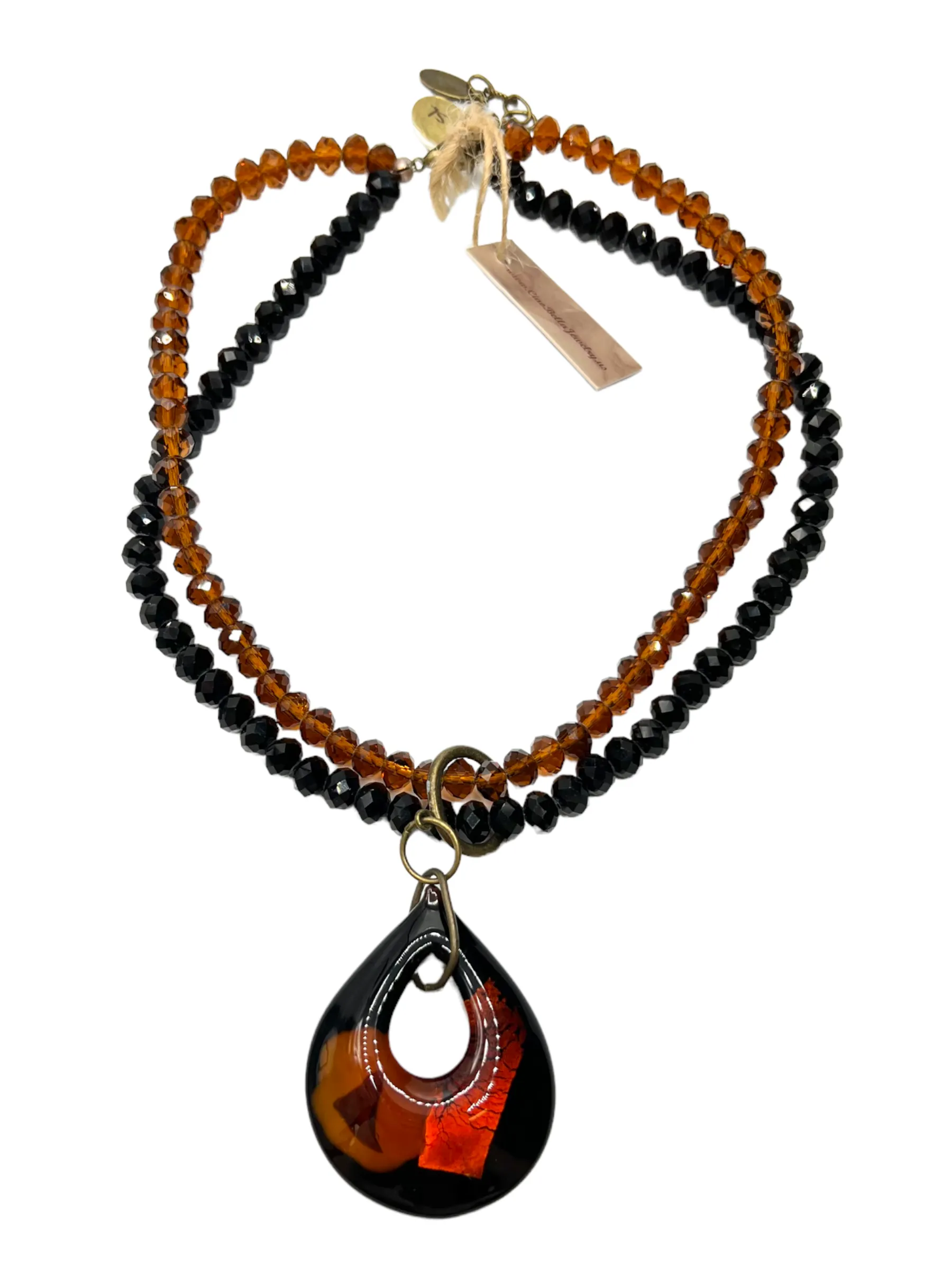 Italian Amber and Black Murano Glass Teardrop Pendant Necklace