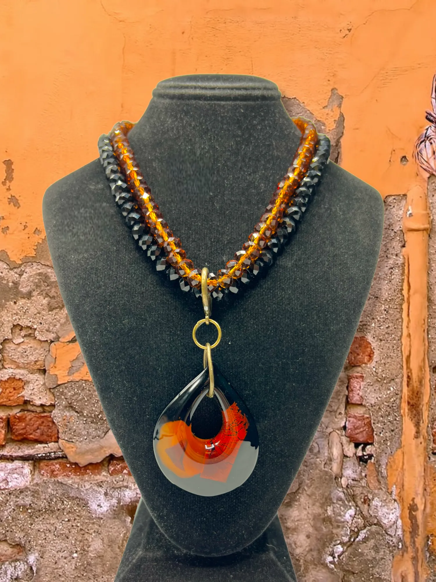 Italian Amber and Black Murano Glass Teardrop Pendant Necklace