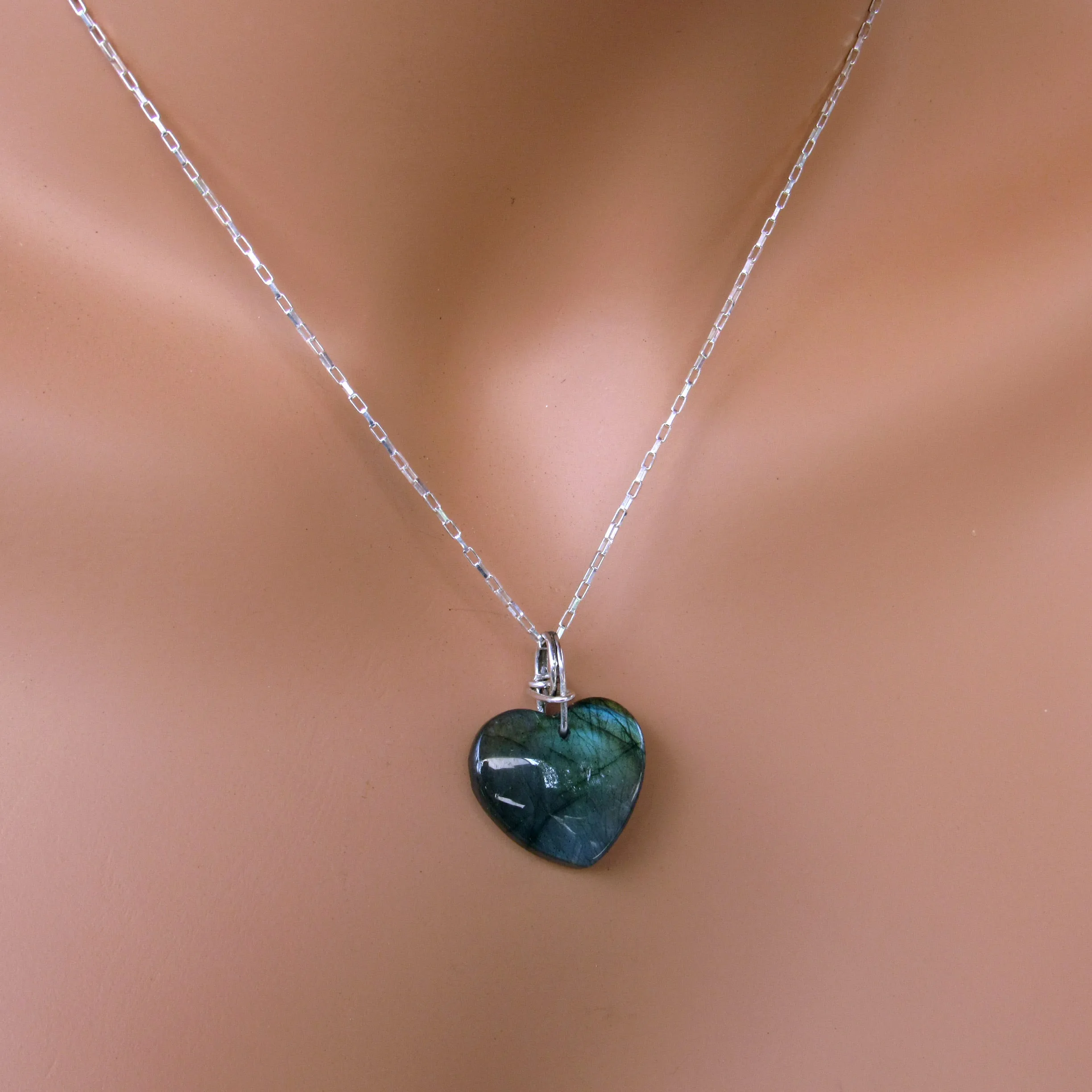 Labradorite Heart Hand Wrapped with Sterling Silver on Sterling Silver Chain