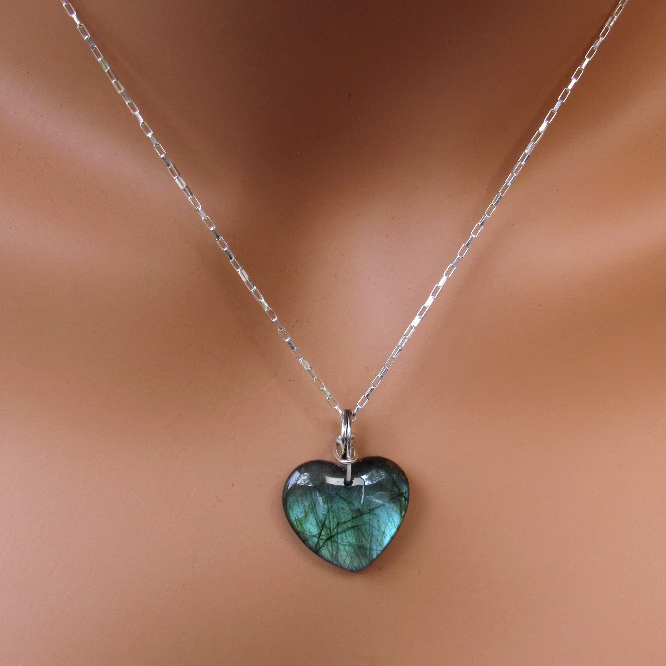 Labradorite Heart Hand Wrapped with Sterling Silver on Sterling Silver Chain