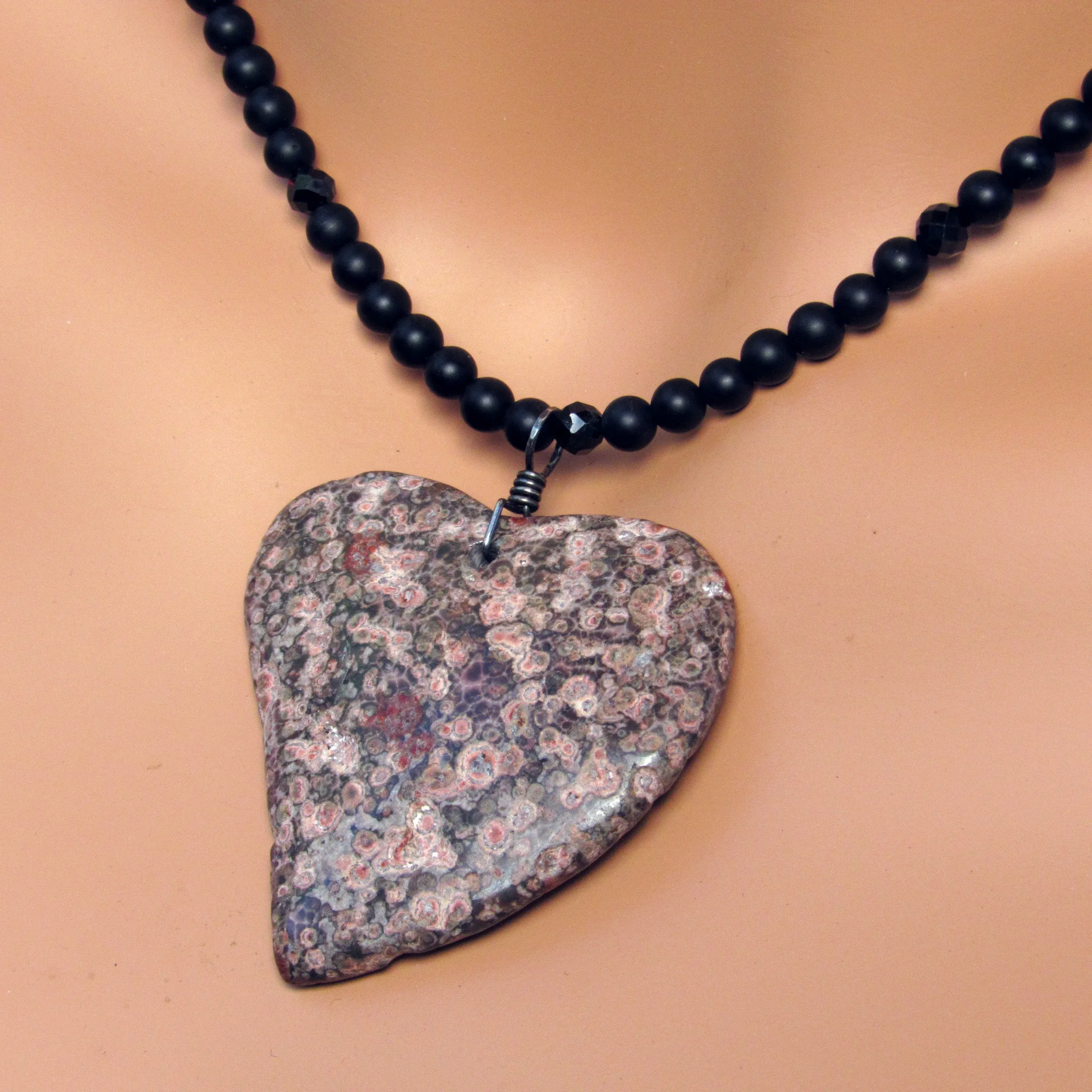 Leopard Print Jasper Gemstone Heart Pendant on Onyx and Spinel Necklace