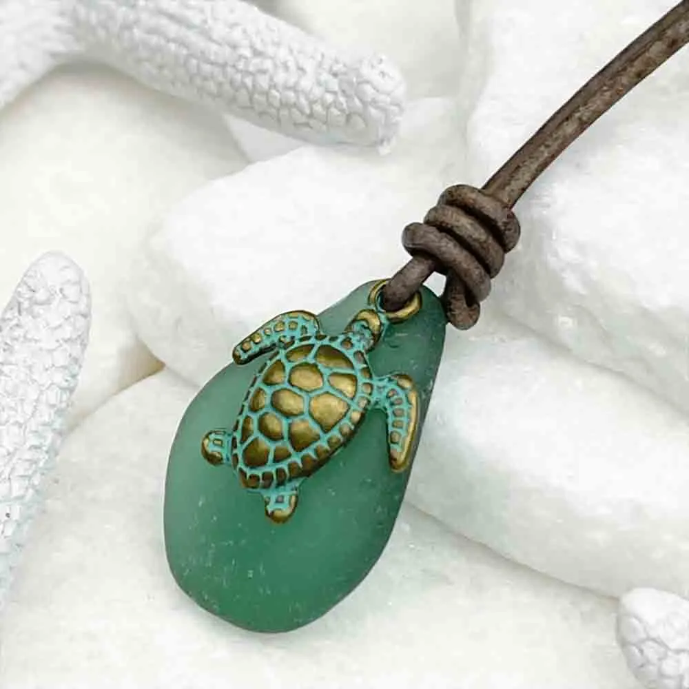 Light Champagne Green Sea Glass and Bronze Sea Turtle Leather Necklace | #5109