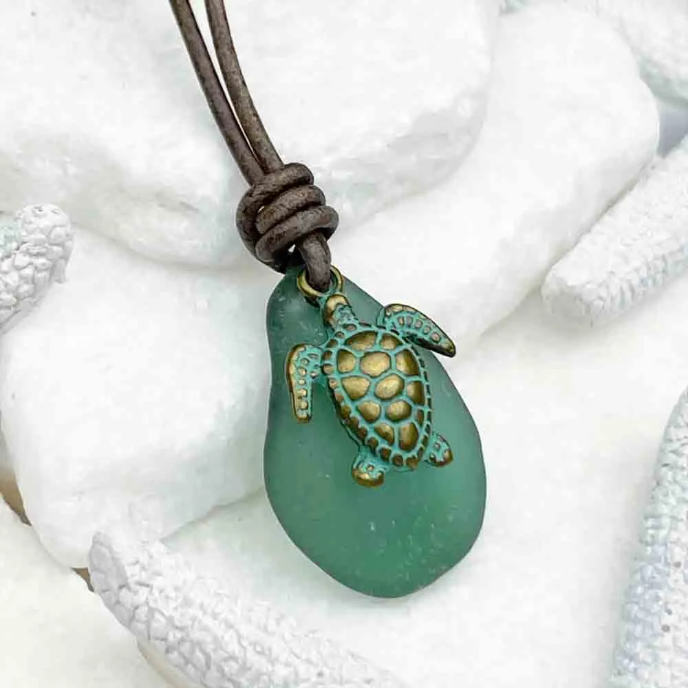 Light Champagne Green Sea Glass and Bronze Sea Turtle Leather Necklace | #5109