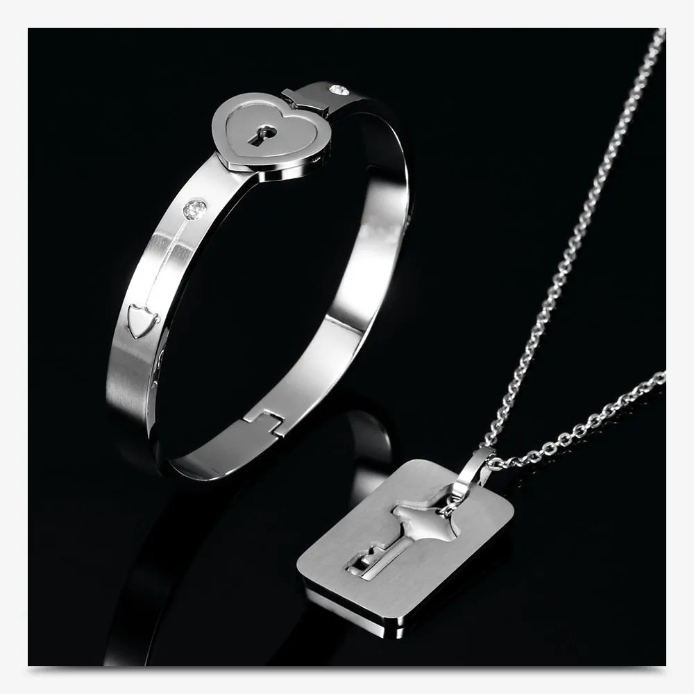 Love Heart Lock and Key Stainless Steel Necklace & Bracelet Fashion Couple Jewelry Set