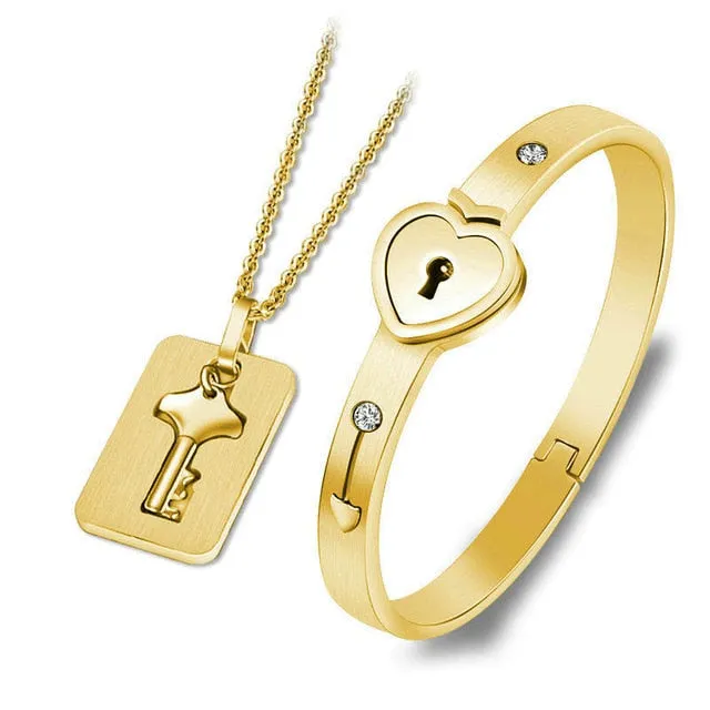 Love Heart Lock and Key Stainless Steel Necklace & Bracelet Fashion Couple Jewelry Set