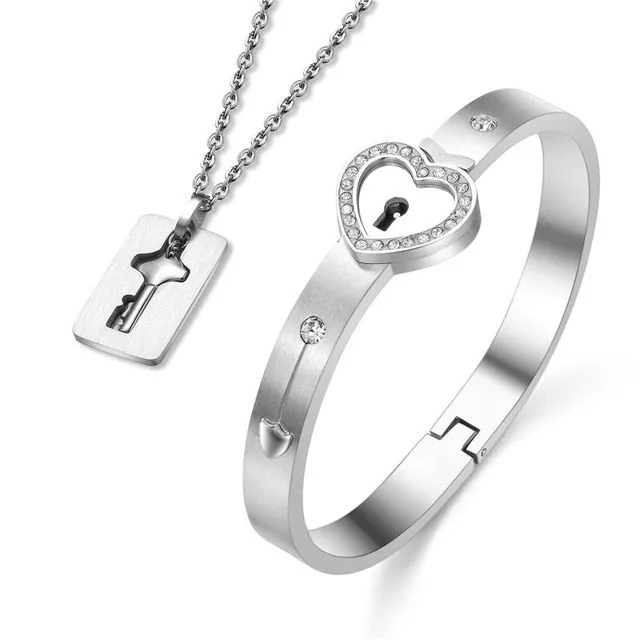 Love Heart Lock and Key Stainless Steel Necklace & Bracelet Fashion Couple Jewelry Set