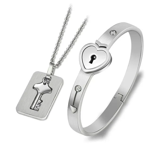 Love Heart Lock and Key Stainless Steel Necklace & Bracelet Fashion Couple Jewelry Set