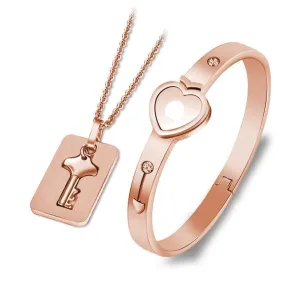 Love Heart Lock and Key Stainless Steel Necklace & Bracelet Fashion Couple Jewelry Set