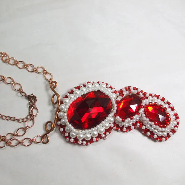 Madeira Beaded Red Cabochon Pendant Necklace