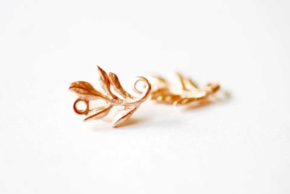 Matte Wholesale Vermeil Rose Gold Fern Leaf Charm Connector -18k gold plated over sterling silver, vermeil rose gold flower nature leaf charm