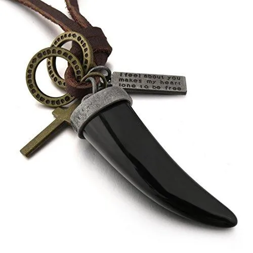 Men's Alloy Genuine Leather Pendant Necklace Black Wolf Tooth Cross Adjustable 16~26 Inch Chain