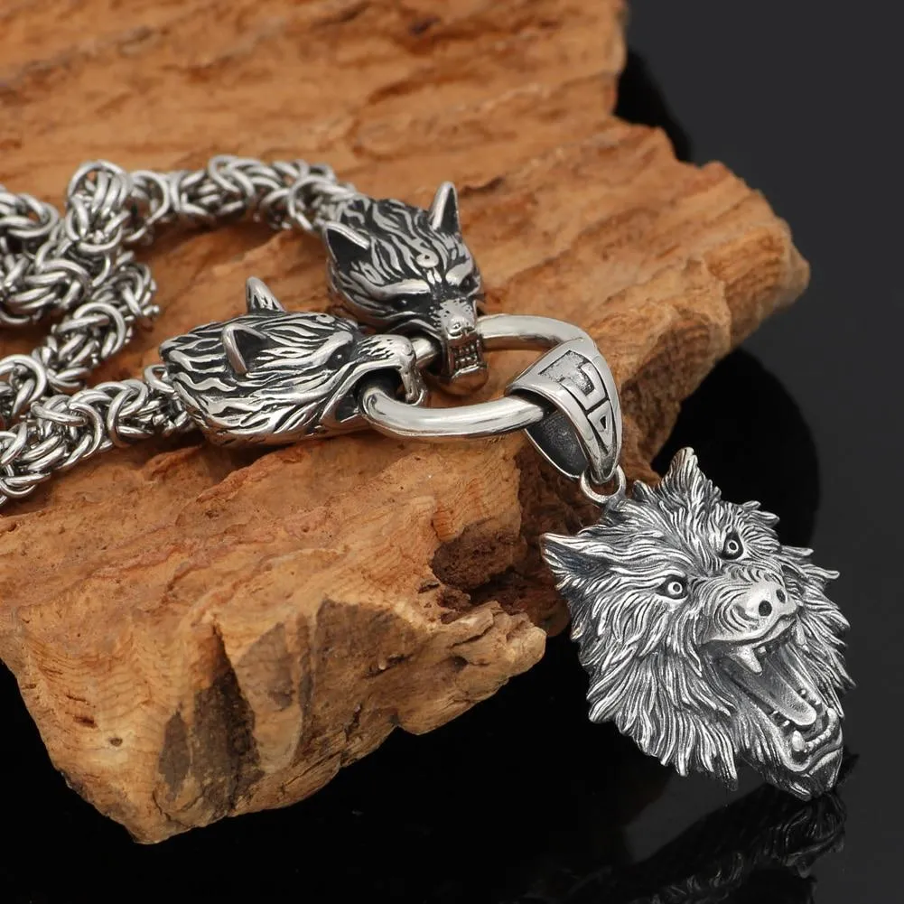 Men's Stainless Steel Two Wolf Heads with Wild Bear Head Pendant Necklace