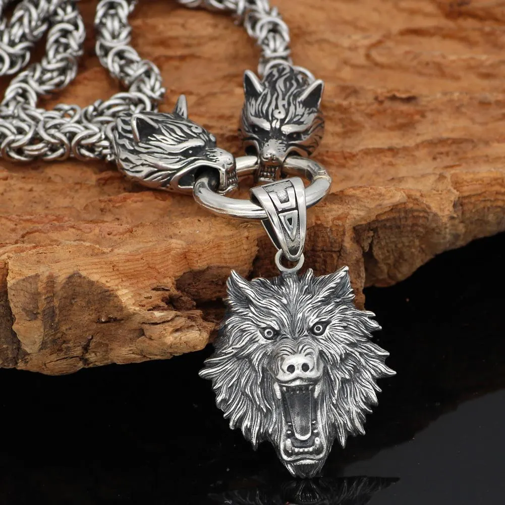 Men's Stainless Steel Two Wolf Heads with Wild Bear Head Pendant Necklace