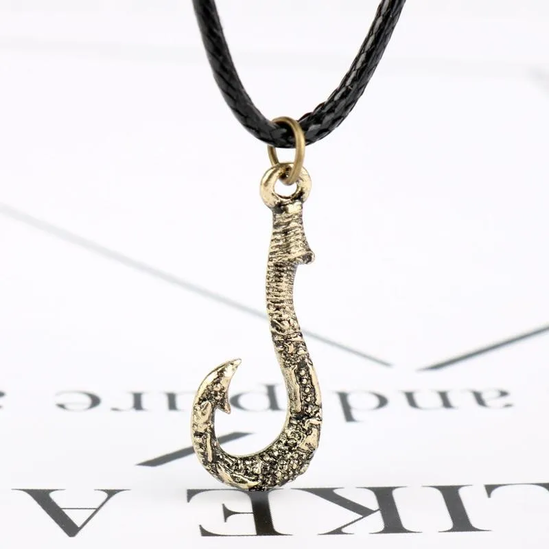 Metallic Fish Hook Pendant with Leather Rope Necklace