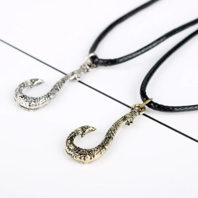 Metallic Fish Hook Pendant with Leather Rope Necklace