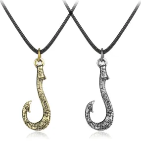 Metallic Fish Hook Pendant with Leather Rope Necklace