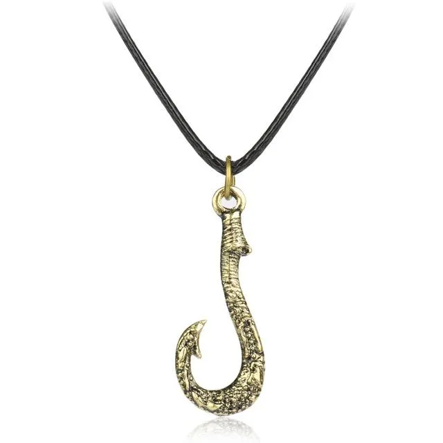 Metallic Fish Hook Pendant with Leather Rope Necklace