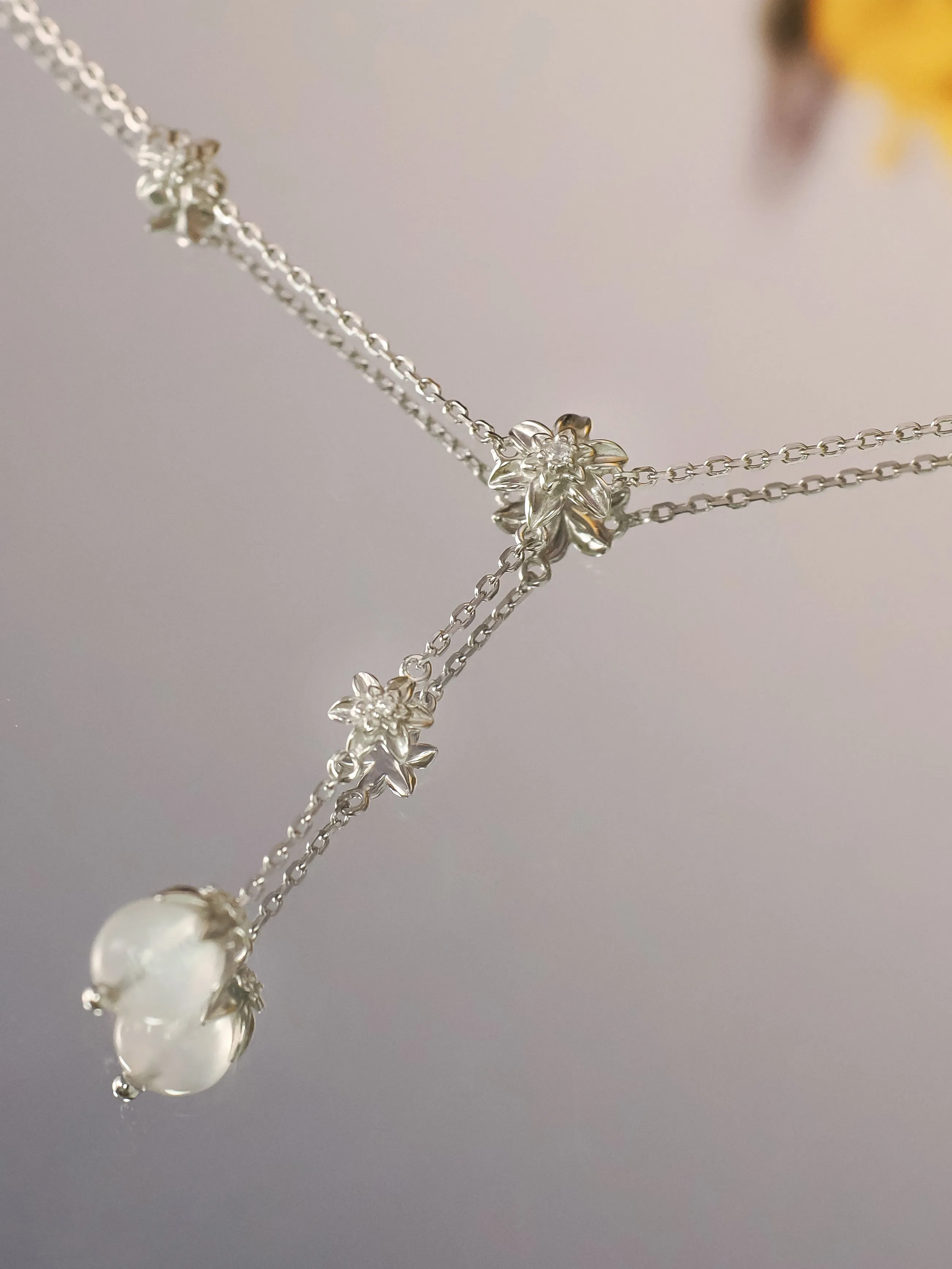 Moonstone Silver Floral Lariat Necklace - Daffodil