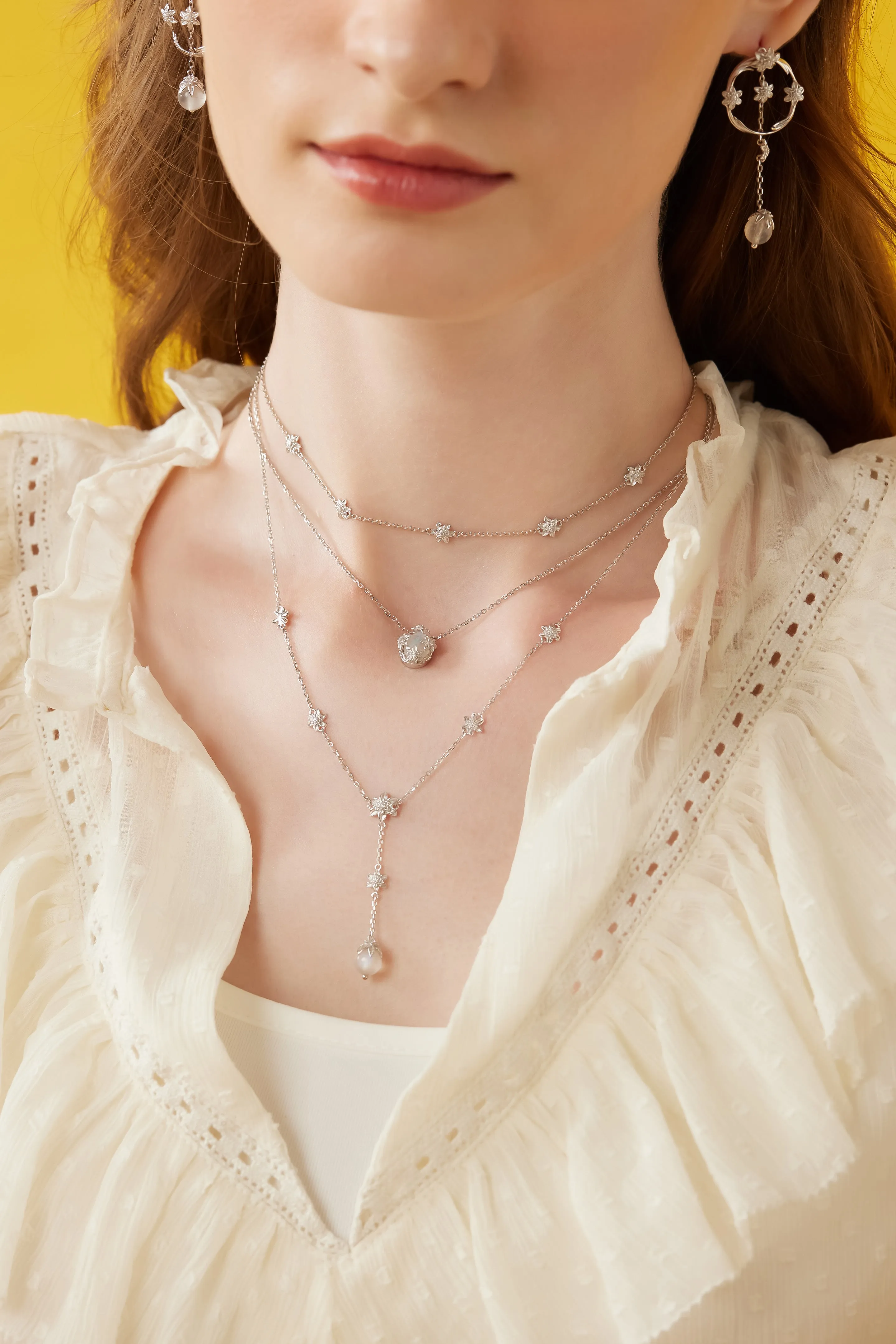 Moonstone Silver Floral Lariat Necklace - Daffodil