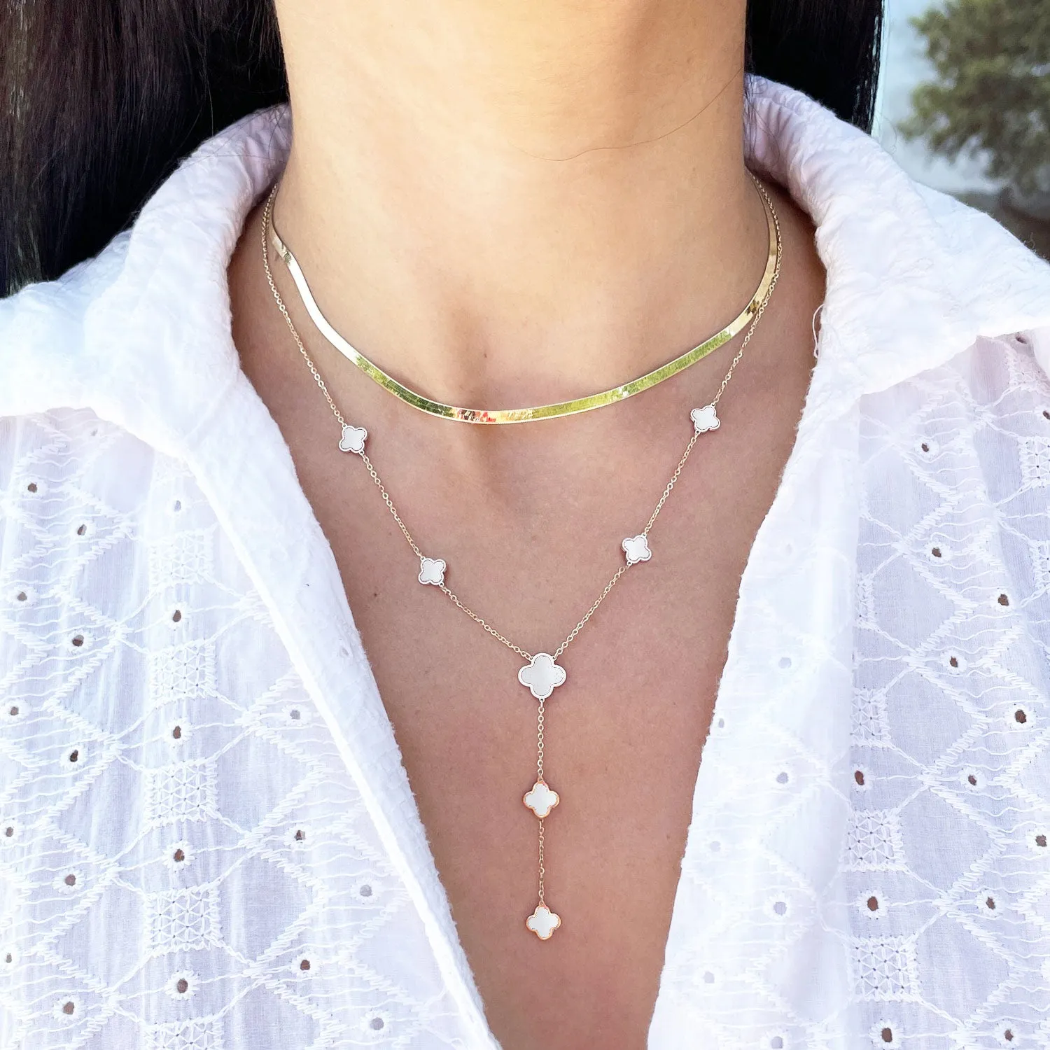 Mother of Pearl Clover Station Lariat Necklace