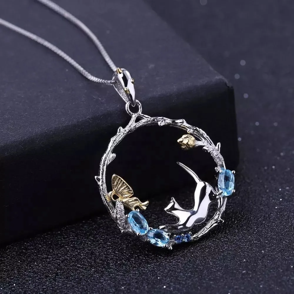 Natural Gemstone Fine Jewelry Cat Necklace in Solid 925 Sterling Silver and 18K Gold Plating