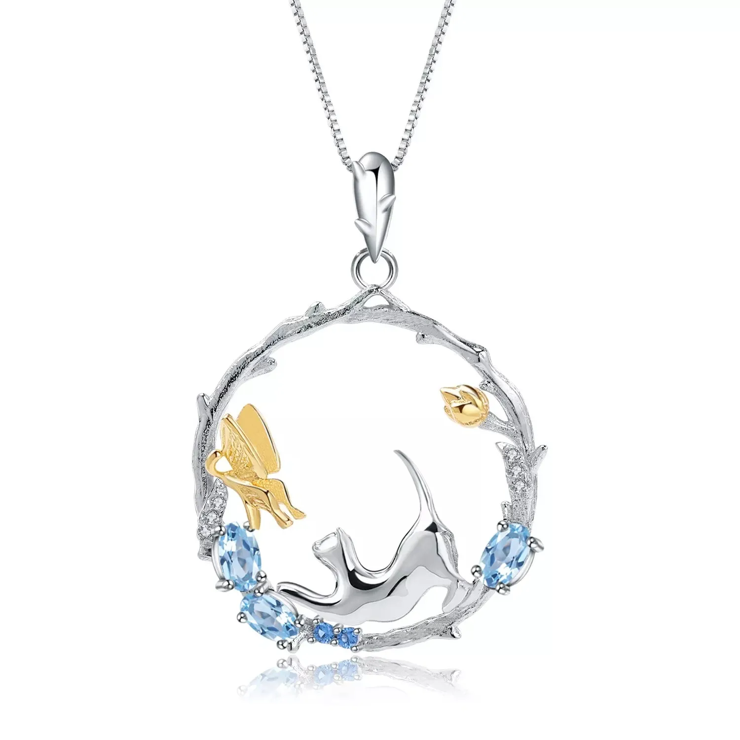 Natural Gemstone Fine Jewelry Cat Necklace in Solid 925 Sterling Silver and 18K Gold Plating