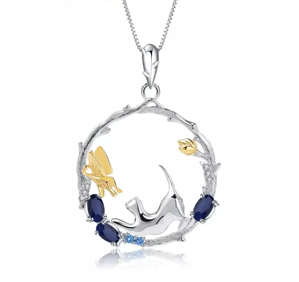 Natural Gemstone Fine Jewelry Cat Necklace in Solid 925 Sterling Silver and 18K Gold Plating