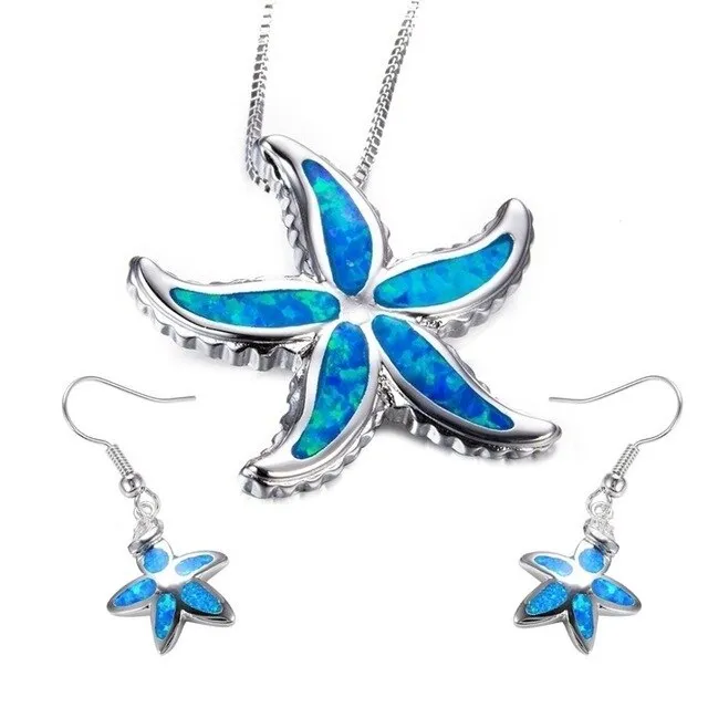 Ocean Starfish Fire Opal Necklace & Earrings Classic Trendy Jewelry Set