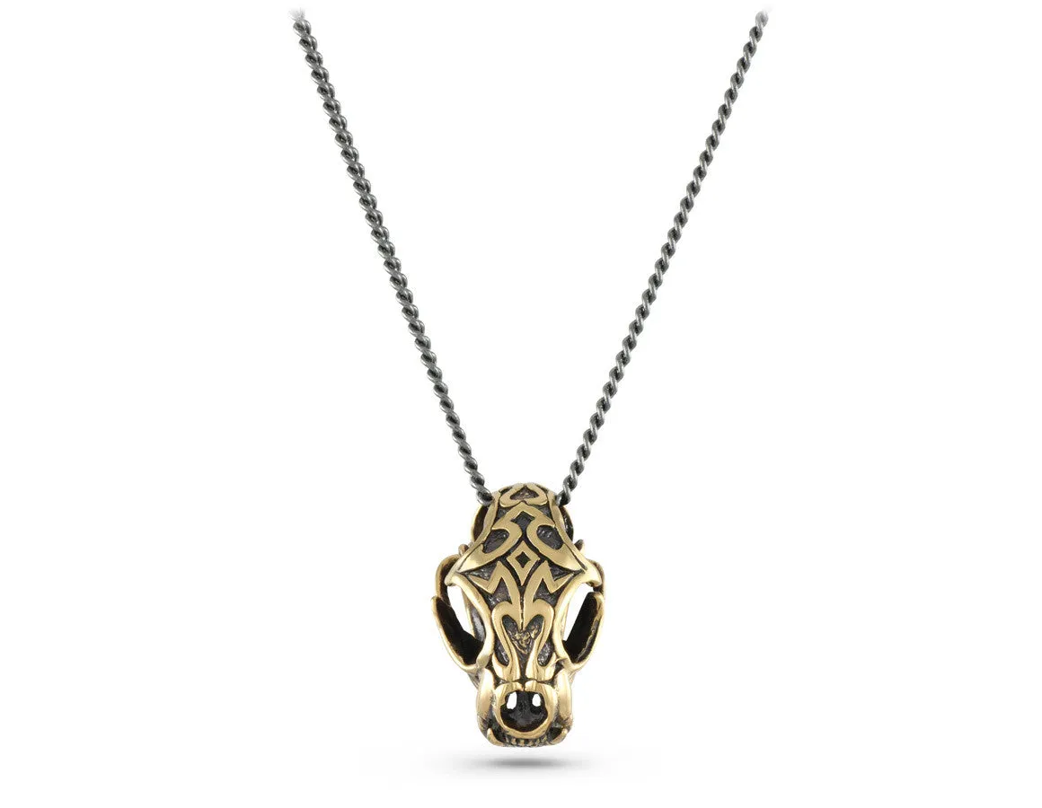 Ornate Lynx Skull Necklace - Bronze